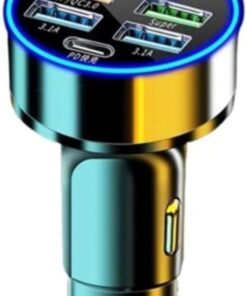 Car Charger 5 Port Cigarette Lighter USB Adapter LED Voltage Monitor (4USB+PD) Cigarette Lighter Adapter USB C Compatible with Android/iPhone and Tablets Devices