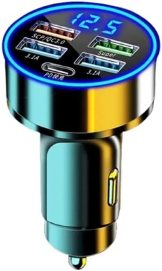 Car Charger 5 Port Cigarette Lighter USB Adapter LED Voltage Monitor (4USB+PD) Cigarette Lighter Adapter USB C Compatible with Android/iPhone and Tablets Devices