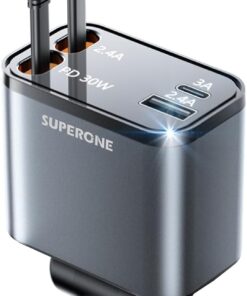 SUPERONE Smaller 69W Retractable Car Charger 4 in 1 Fast Car Phone Charger Adapter with Retractable Type C & L Cords, USB C Car Chargers for iPhone 17 16 15 14 13 12 Galaxy Pixel