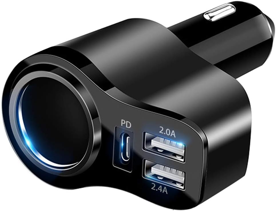 4 in 1 USB C Car Charger, 168W Multi USB Cigarette Lighter Adapter, Socket Splitter with 3 USB Ports, 12V/24V Dual USB Type C PD Fast Car Charger Adapter for iPhone 17/Air/16/15 Pro Max iPad GPS