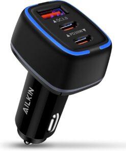 AILKIN 56W PD USB C Car Charger, Type-C Super Fast Power Charging Block 3-Port USB A & USBC Auto Cargador Carro Lighter Adapter for iPhone, iPad, Samsung Galaxy, LG, Google Pixel, Moto, USB-C&A Port
