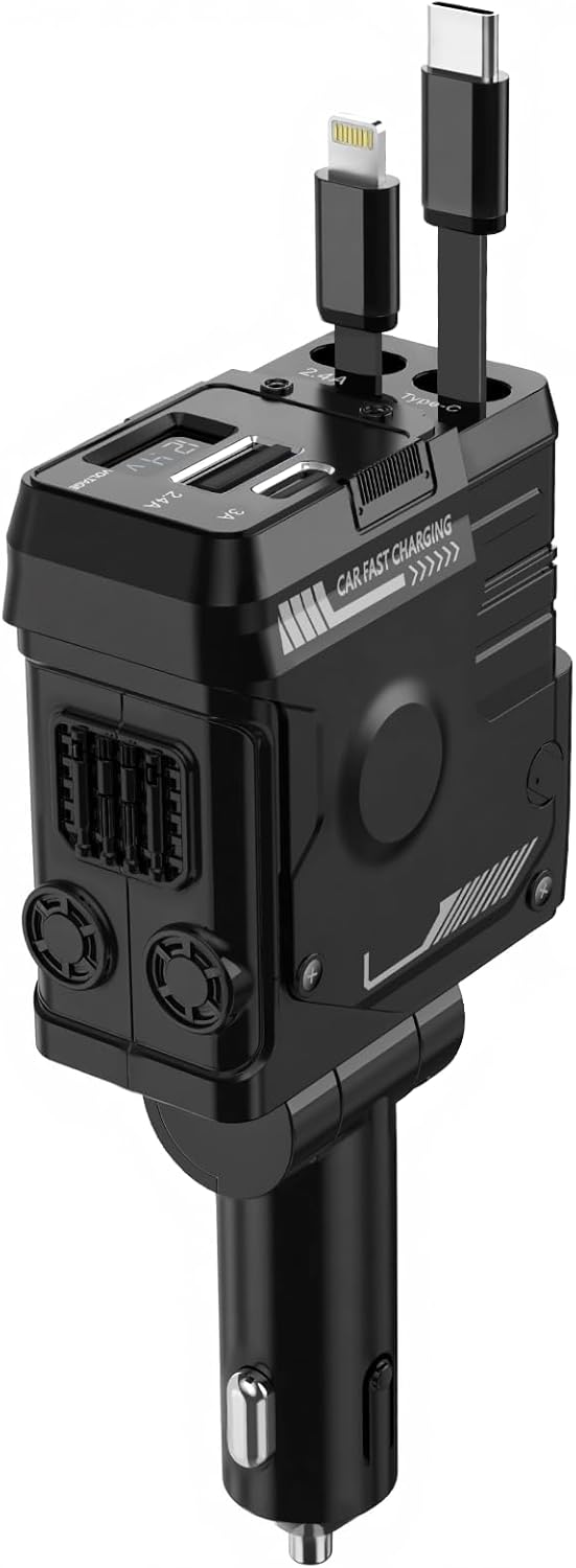 Retractable Car Charger, 4 in 1 Fast Charging Car Charger USB-C & USB-A Compatible with iPhone 16/15/14/13/12/11/X,Galaxy,Pixel