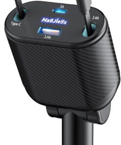 Retractable Car Charger for 4 in 1 Fast Charging Max 80W【ONLY 2 Type-C Charging Cable】 for iPhone16 15/Galaxy,USB-A/C Port for iPhone16/15/14/13/Pro Max Plus,iPad,AirPods,PD 3.0 Cord