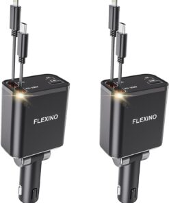 Flexino Retractable Car Charger for iPhone 16, 69W Fast Charging Car Charger USB C, Car Chargers with 2 Retractable Cords 2.6ft, Car Adapter for iPhone 16/15 Series, Galaxy(Grey, Dual Type C)