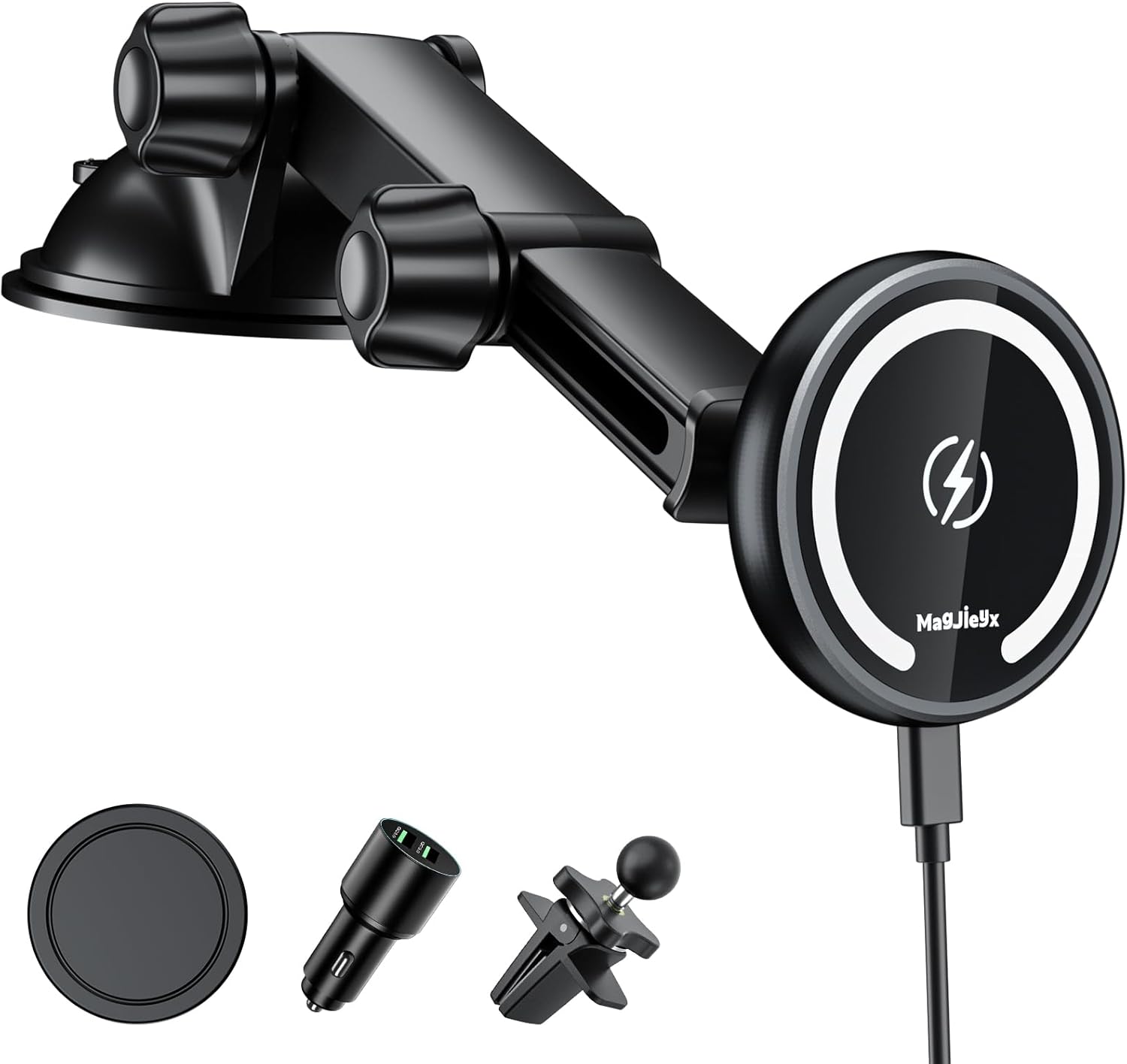 for Magnetic Magsafe Car Mount Charger, Wireless Car Charger with Fast Max 38W QC3.0Charging Adapter Retractable Phone Holder Fits iPhone16/15/14/13Plus/MagSafe Case,Dashboard/Vent/Windshield