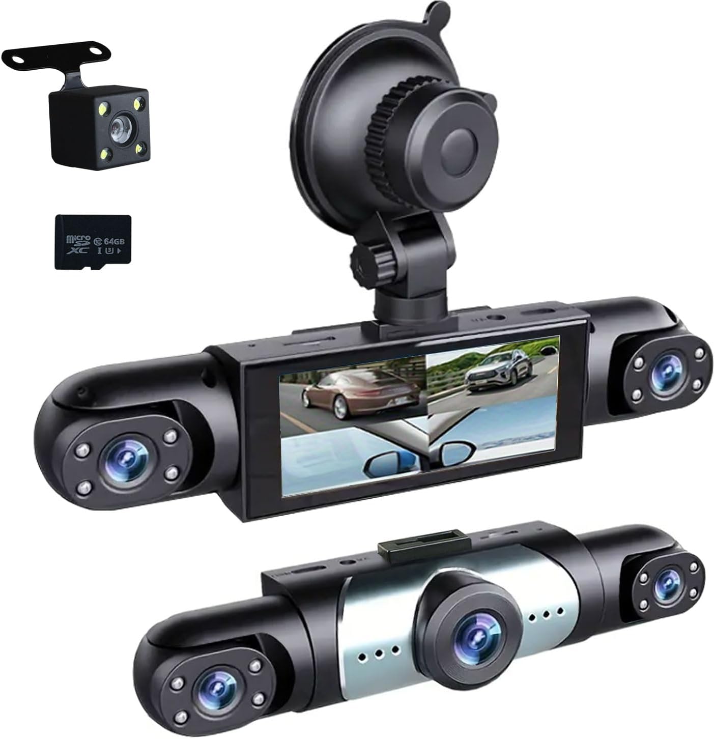 3 Channel Dash Cam Front Inside and Left Right, 1080P HD Dash Camera for Cars, 3.16 inches Car Camera 150° Wide Angle Dashcam, Night Vision, Loop Recording, G-Sensor, 64GB Card