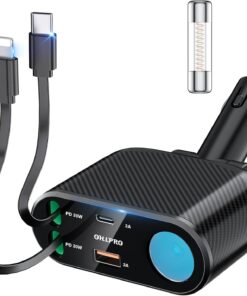 OHLPRO Retractable Car Charger Cigarette Lighter Adapter, 168W 5 in 1 Fast Phone Charging Built-in Replaceable Fuse, Socket Splitter with Dual USB-C Cords, Fit for Phone, iPad, Galaxy, GPS