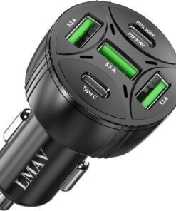 USB C Car Charger Adapter, 5 Ports 75W PD 3.0 Car Phone Charger Fast Charging Compatible with iPhone 16/15/14/13 Pro Max Series, iPad Pro, Galaxy S24/S23/S22/Note 20, Android, Pixel.