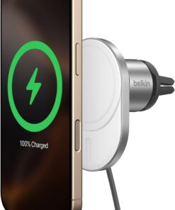 Belkin MagSafe-Compatible Wireless Car Charger 15W, Fast Charging Wireless Charger - Powerful Magnetic Vent Holder for iPhone 17, 16, 15, 14, 13 Series, Pixel 10, Secure Car Phone Mount - White