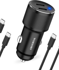 Dual 45W USB C Car Charger, 90W Max Super Fast Charging, All Metal 12V Cigarette Lighter Adapter for iPhone 17 Pro Max/16/15/iPad, Samsung Galaxy S25/S24, Google Phones with 2 Type C Cable 3.3ft Black