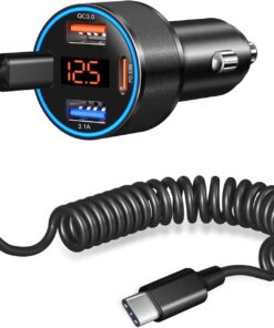 65W 4-Port Super Fast Type C Car Charger USB C for Galaxy S25 S24 S23 S22 Ultra S20FE A16 A36 A56 PD/QC3.0 Android Car Phone Charger with Voltmeter Cigarette Lighter Adapter+5FT Type C Coiled Cable