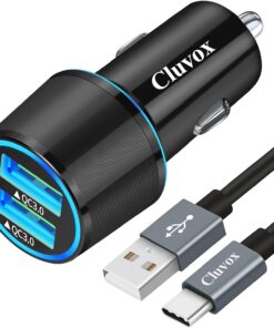 Fast USB Car Charger for Samsung Galaxy A55/A54/A53/A50/A15/A14/S25/S24/S23/S22/S21 Plus/Ultra/S10/S9/S8/Note 20/A10S/A21/A31/A51 Quick Charge 3.0 Dual USB Rapid Car Charger with Type C Cable 3.3ft