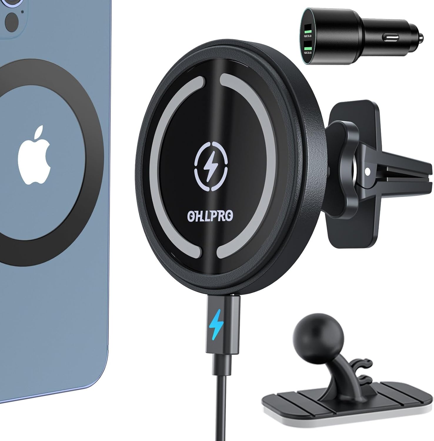 OHLPRO for MagSafe Car Mount Charger iPhone Wireless Car Charger, Stick on Dashboard Magnetic Phone Holder Mount for iPhone 17 Pro Plus Max 16 15 14 13 12 Series, 15W Fast Charging, Aluminum Shell