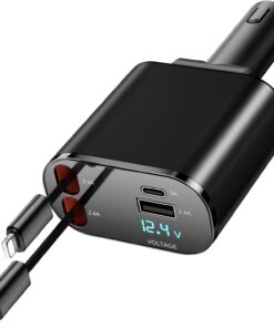 69W Fast Charging USB C Car Charger, 4-in-1 Retractable Phone Charger for iPhone 17, Travel Essentials, Gifts for Women Men, Car Accessories for Women Men, for iPhone 17 16 15 14 13, Galaxy, Pixel