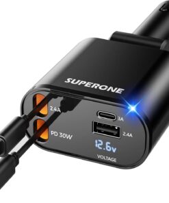 【Upgraded】 SUPERONE Retractable Car Charger 4 in 1, Fast Car Phone Charger with Cord 2.6ft, USB C and Apple Car Adapter, Compatible with iPhone 17 16 15/15 Pro Max/14/13/12/11, Galaxy, Pixel