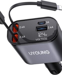 iPhone Car Charger, Retractable Fast Car Phone Charger 100w for CarPlay, 4 in 1 Car Charger Adapter with 2 Cables 31.5 Inch and 2 USB Ports, Compatible with iPhone 17/16/15/14/13/12/11 Pro/Samsung