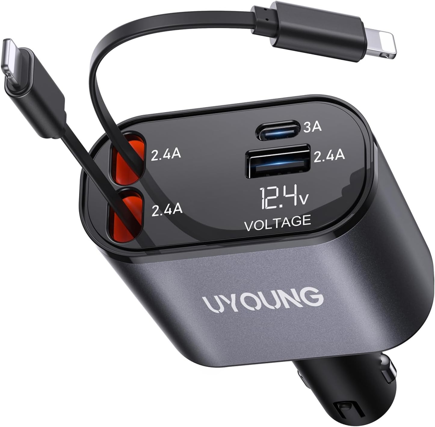 iPhone Car Charger, Retractable Fast Car Phone Charger 100w for CarPlay, 4 in 1 Car Charger Adapter with 2 Cables 31.5 Inch and 2 USB Ports, Compatible with iPhone 17/16/15/14/13/12/11 Pro/Samsung