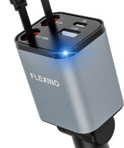 Flexino Retractable Car Charger for iPhone 16, 69W Fast Charging Car Charger USB C, Car Chargers with 2 Retractable Cords 2.6ft, Car Adapter for iPhone 16/15/14/13/12 Series, Galaxy (Grey)