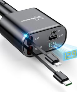 DreamBee Retractable Car Charger,66W Super Fast USB Car Phone Charger,Dual TypeC Retractable Cables Gifts for Men Women Car Truck Accessories for Samsung Galaxy S23+/S23,iPhone 17/16/15/ Pro Max, iPad