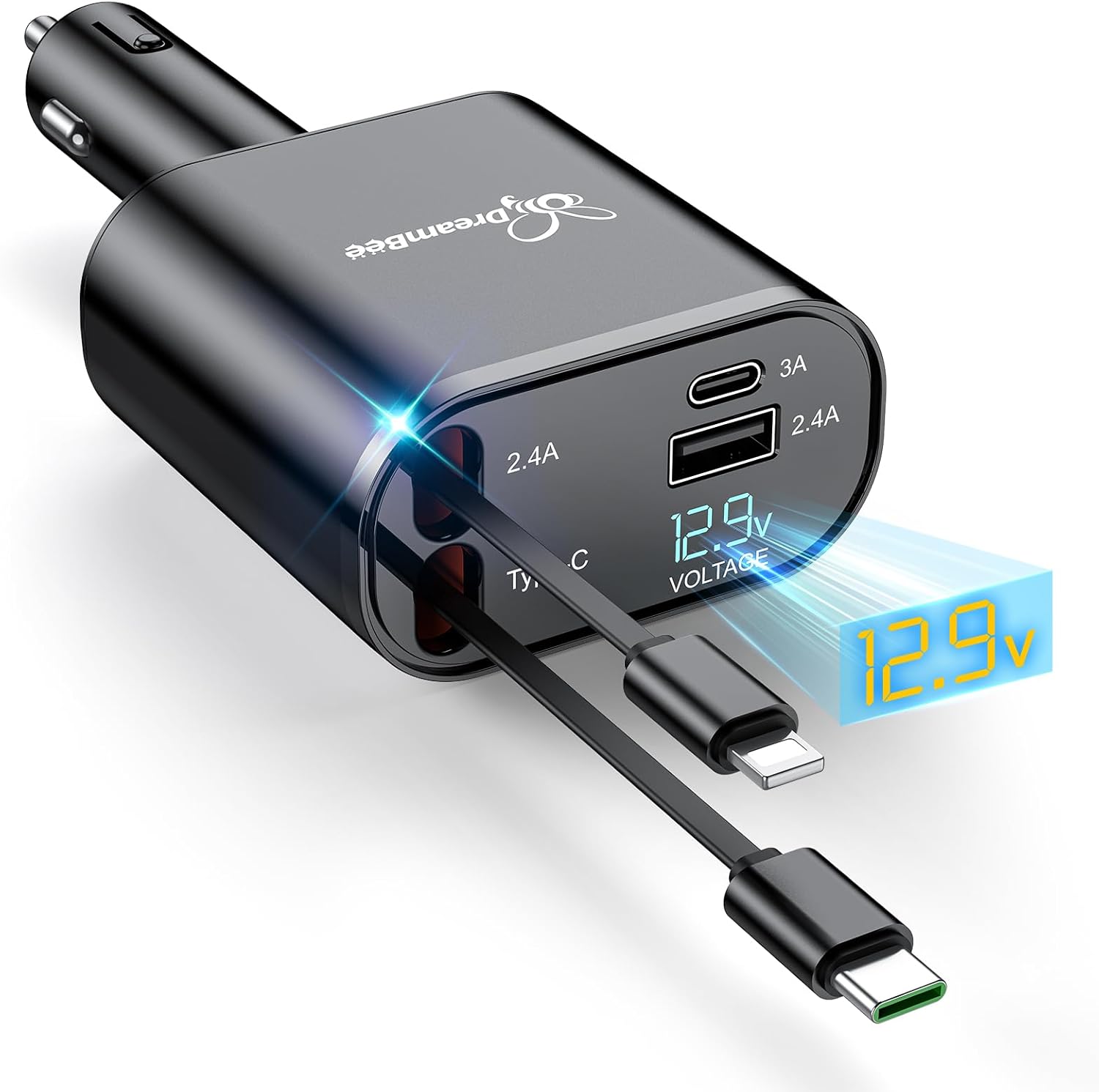 DreamBee Retractable Car Charger,66W Super Fast USB Car Phone Charger,Dual TypeC Retractable Cables Gifts for Men Women Car Truck Accessories for Samsung Galaxy S23+/S23,iPhone 17/16/15/ Pro Max, iPad