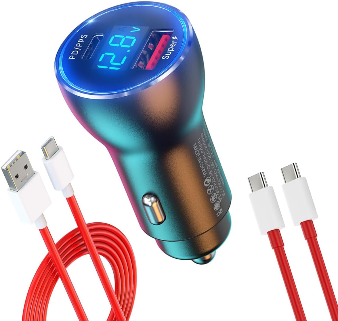 for Oneplus Car Charger 100W 80W 65W Fast Charge for One Plus 13 12 13R 12R 11 10 Pro 9 10T 8T 8 7T 7 Open Pad Nord 2T CE 3 4 N20 N30 N100, 25W PD PPS USB C Port 3ft Cable