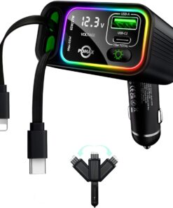 Retractable Car Charger USB C,145W Type C Car Charger Fast Charging with Dual Retractable USB C Cable and USB Ports for iPhone 17/16/15,S25/24/23/22, Pixel 9/8/7（Build-in Dual Type C Cable）