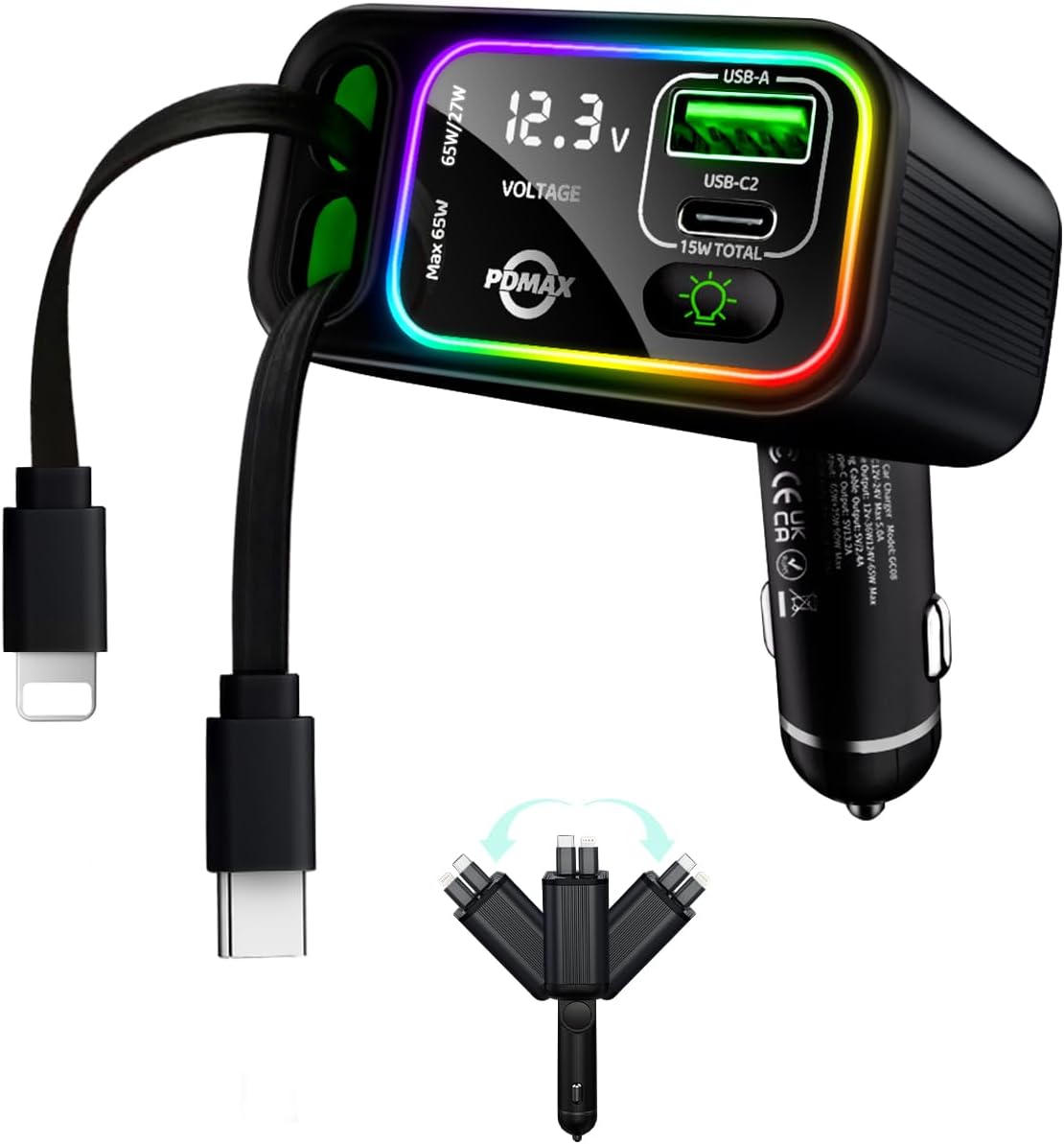 Retractable Car Charger USB C,145W Type C Car Charger Fast Charging with Dual Retractable USB C Cable and USB Ports for iPhone 17/16/15,S25/24/23/22, Pixel 9/8/7(Build-in Dual Type C Cable)