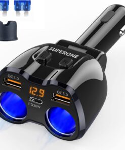 [2025 Upgraded] Cigarette Lighter Splitter, SUPERONE 180W 2-Socket Cigarette Lighter Adapter with Dual QC3.0 and 20W PD USB C Car Charger Splitter for GPS/Dash Cam/Laptop/iPad/iPhone 17/16/15/14/13/12