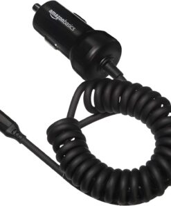 Amazon Basics 12W (5V, 2.4A) Fast Charging Car Charger with Coiled Lightning Cable for iPhone, iPad and Apple Devices, 1.5 ft - Black