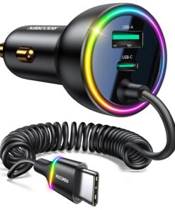 Rocoren 70W Car Charger for iPhone 17 Pro Max, USB C Car Charger Fast Charging with 5.2Ft Type C Coiled Cable, Super Fast USBC Phone Cigarette Lighter Adapter for iPhone 17/16/15, iPad,Samsung,Android