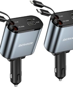 [2 Pack] Retractable Car Charger 4 in 1 Fast Car Phone Charger 69W, USB C Car Truck Accessories Adapter with 2X Retractable Charger Cords and 2X USB Ports for i Phone 16/15/14/13, for Samsung S25/S24
