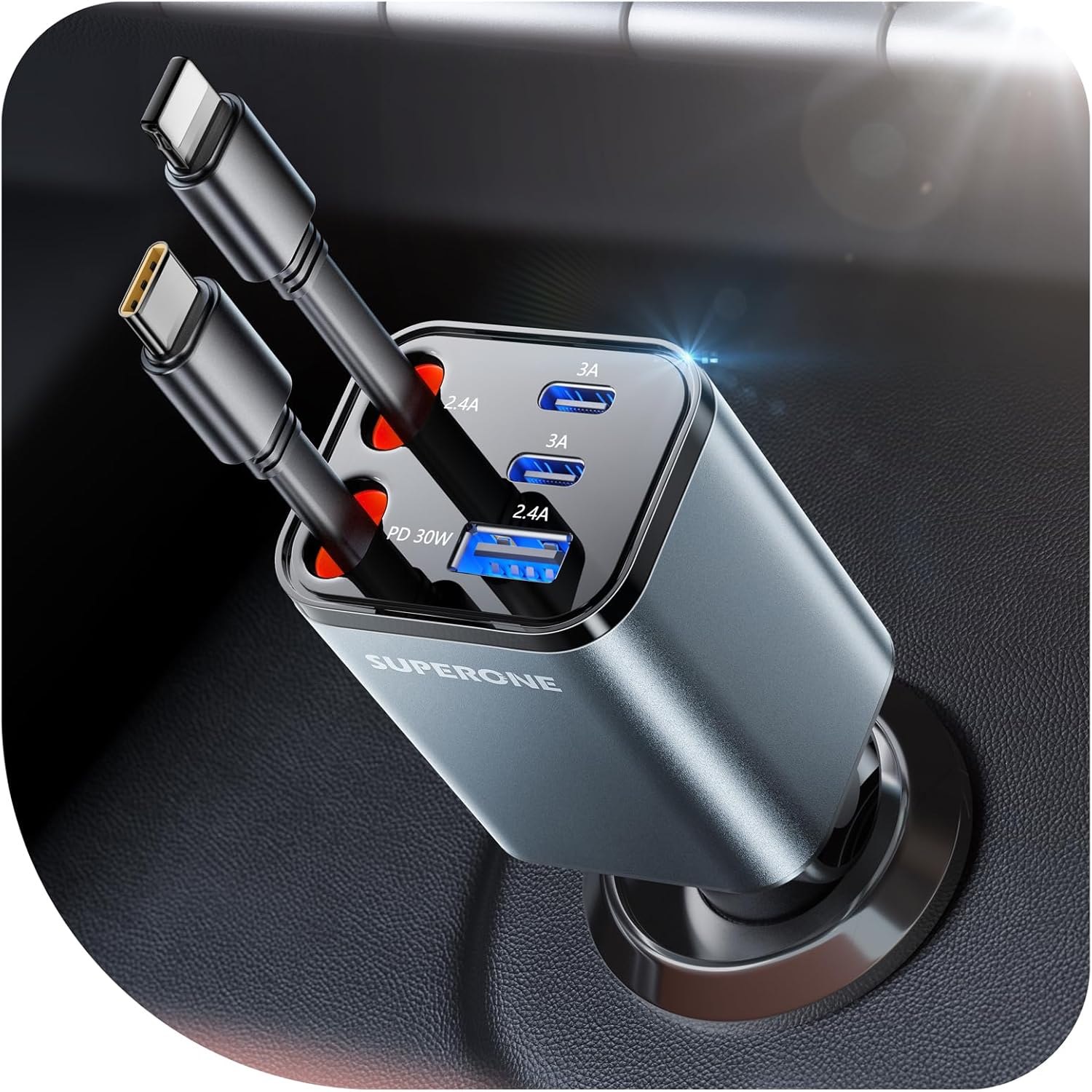 SUPERONE 6 in 1 Retractable Car Charger with Dual Type C Cables, 99W Ultra-Compact USB C Car Accessories Adapter with 4 USB Ports, Fast Charging Car Charger for iPhone 17/16/15/14/13/12, Galaxy, iPad