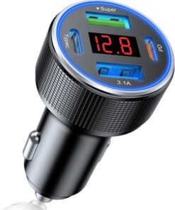 USB C Car Charger, 4 Port 78W Dual USB Car Charger Adapter Fast Charging Multi Port Cigarette Lighter Adapter with Voltmeter Type C Phone Car Accessories for iPhone 17/16/15/14, Samsung Galaxy, iPad