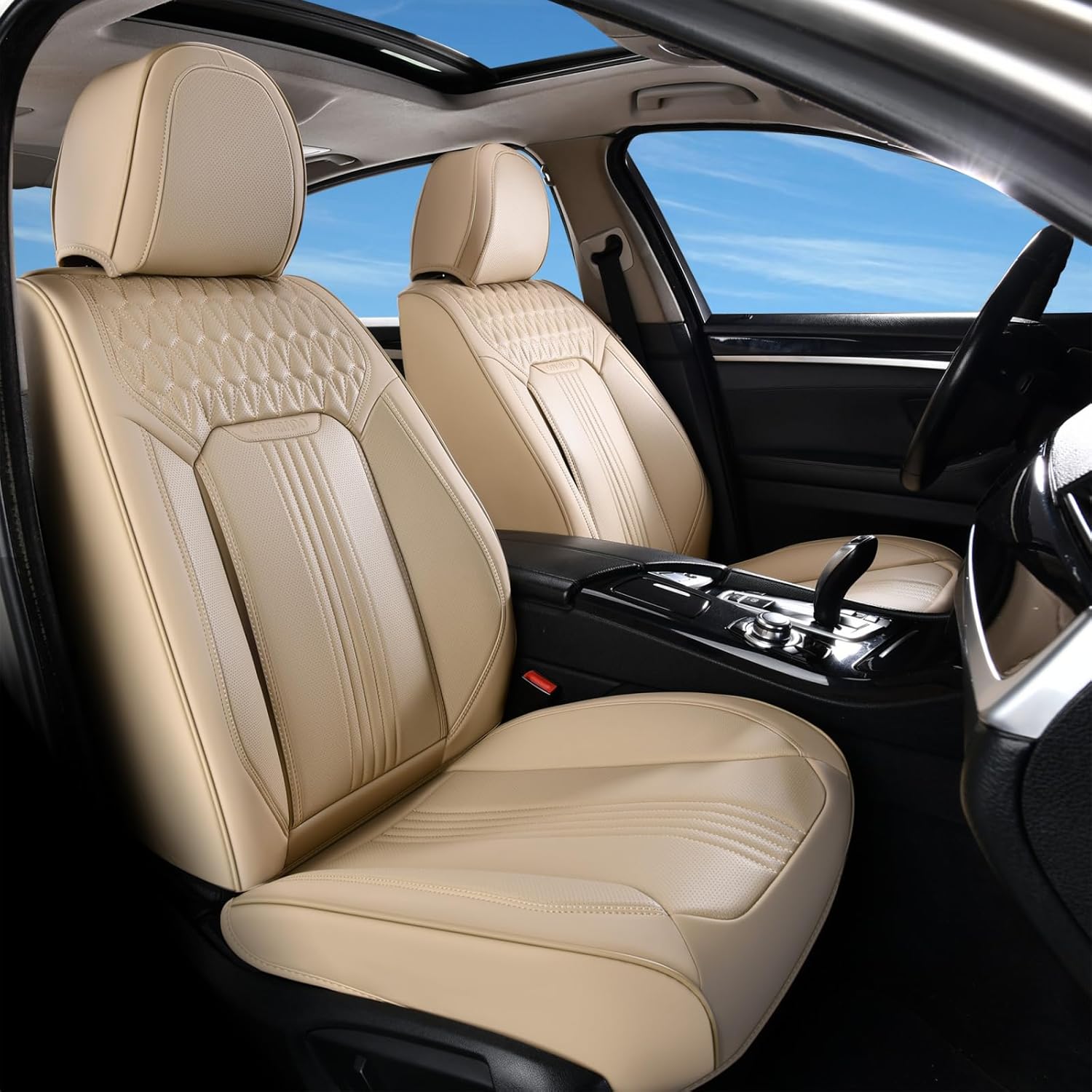 Coverado Seat Covers Full Set, Car Seat Covers Waterproof, Luxury Leather Seat Cover for Cars, Front Seats and Back Seat Cover, Car Seat Cushion, Car Seat Protector Universal Fit Most Cars,Blue&White