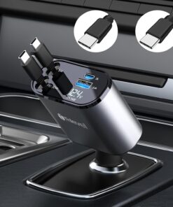 Retractable Car Charger 4 in 1 USB C Fast Charger with Dual Type-C Cables (31.5 inch) and 2 Charging Ports with Voltage Display Compatible with iPhone 17/16 Pro Max Samsung Galaxy Note