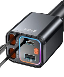 4 in 1 Retractable Car Charger for iPhone,69W USB-C Fast Car Charger with Starry Light, for Car Charger Adapter iPhone16/15/14/13/12,Android,Pixel,Cigarette Lighter Adapter(ForLightning+USB-C)