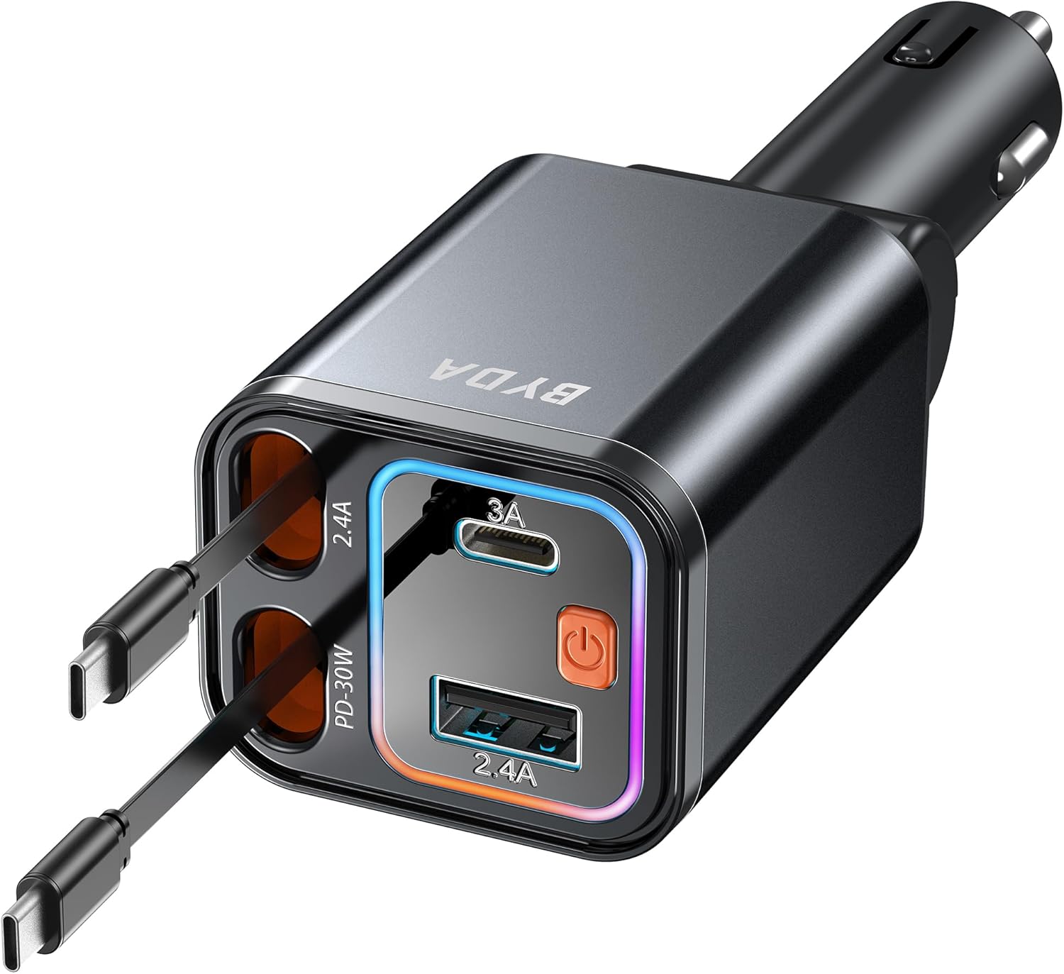 4 in 1 Retractable Car Charger for iPhone,69W USB-C Fast Car Charger with Starry Light, for Car Charger Adapter iPhone16/15/14/13/12,Android,Pixel,Cigarette Lighter Adapter(ForLightning+USB-C)