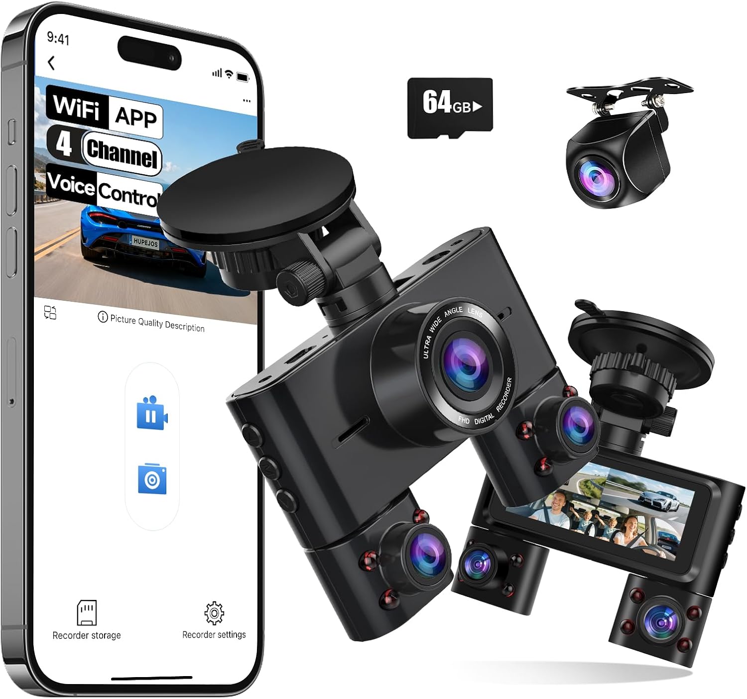 Dash Cam 360°, 4 Channel Camera for Cars Front and Rear Inside, 2K FHD Mini Dashcam, 5G WiFi, GPS, with 64G Card, Voice Control, WDR, HDR, Night Vision, 24/7 Parking Mode(Upgraded Version V7PLUS)
