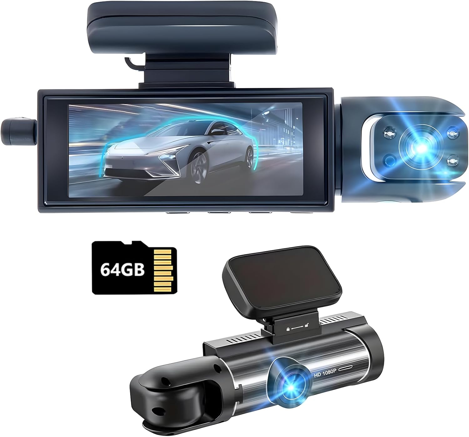 Dash Cam Front and Inside,Dashcams for Cars with 64G Card Traffic Recorder IR Night Vision Loop Recording G-Sensor 24Hr Parking Traffic Recorder(Front/Inside+64G)