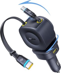 Baseus 163W Retractable Car Charger USB C Fast Charging, PrimeTrip VR2 Max 4 in 1 Fast Car Charger with Dual Retractable USB C Cable for iPhone 17 16 15 Pro Max, Samsung Galaxy S25 Ultra, Android