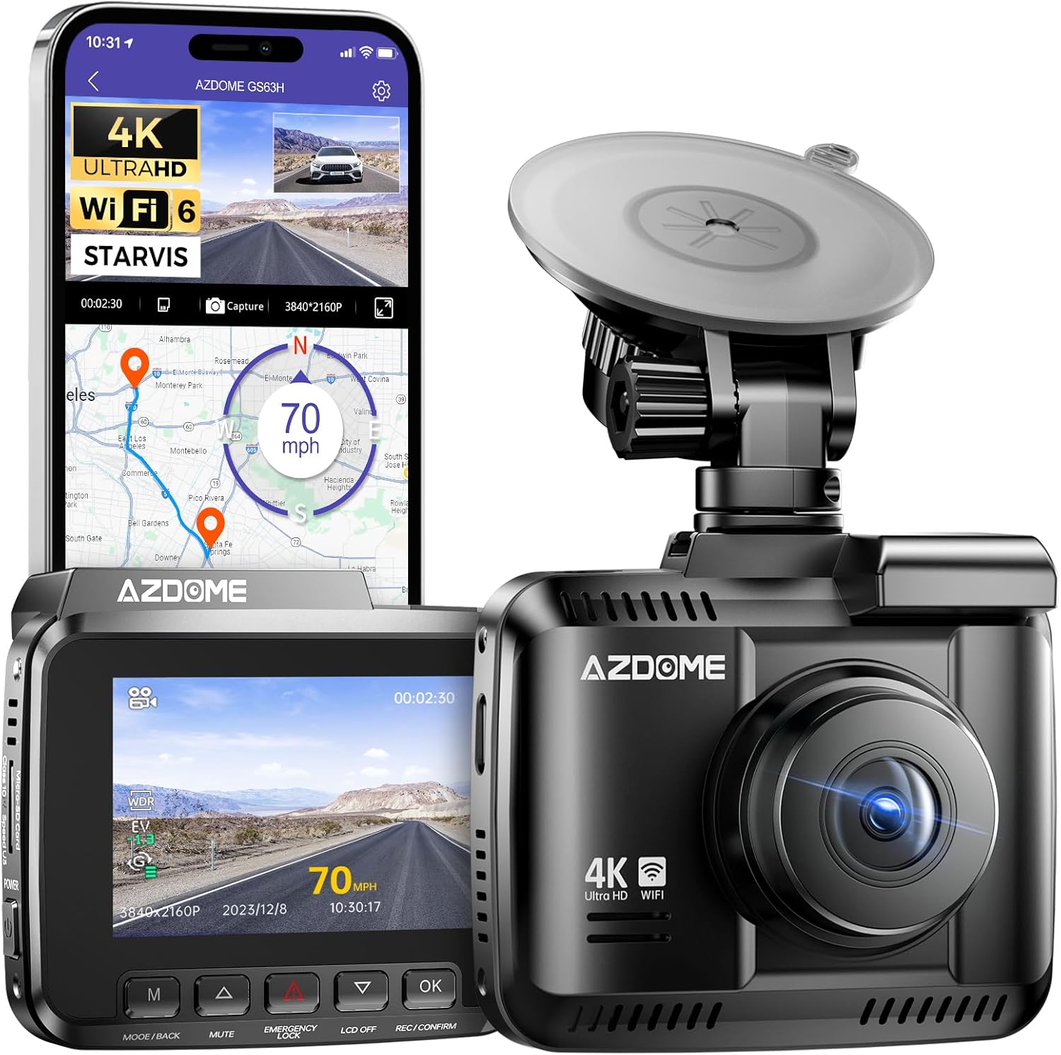 AZDOME 4K Dash Cam Front and Rear, STARVIS Night Vision, UHD 2160P WiFi Dash Camera for Cars with GPS, Included 64GB Card, 2.4" IPS Screen Dashcam, 170°Wide Angle, WDR, 24H Parking Mode (GS63H Pro)