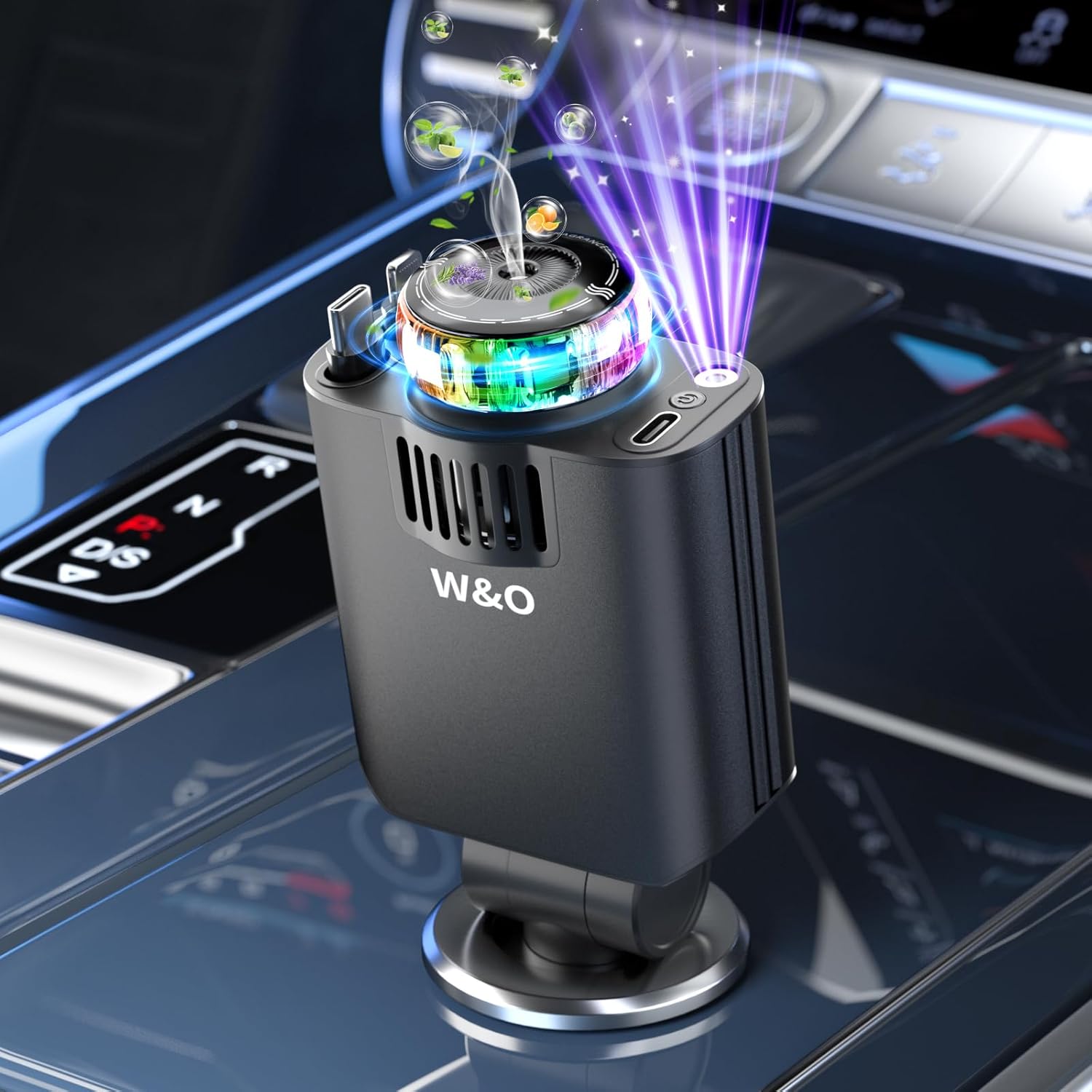 W&O Car Charger Fast Charger for iPhone17/16/15,69W Retractable car Charger with Aromatherapy and Starlight,5 in 1 Fast Car Charger with L/C Cables,Car Charger Adapter for iPhone,Android(Purple)