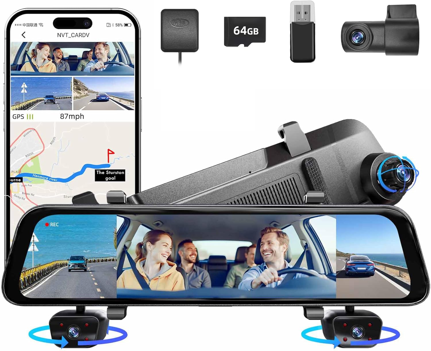 2025 12'' Mirror Dash Cam 4 Channel, 360 Vital Dashcam Front Rear Inside, 1080Px4 Rear View Backup Mirror Camera for Cars, IR Night Vision,WiFi,APP,GPS, 24/7 Recording Parking Monitor,Free 128GB SD