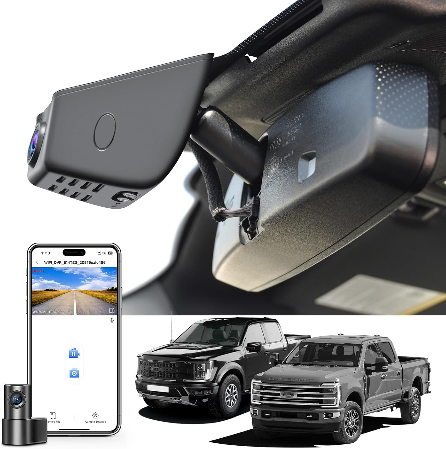 Dash Cam 4K Custom fit for Ford F150 2015-2020 F250/F350/F450 Super Duty 2017-2019 XLT Lariat King Ranch Raptor Limited Platinum Accessories (Model C), UHD 2160P Video, WiFi, App, 128GB Card