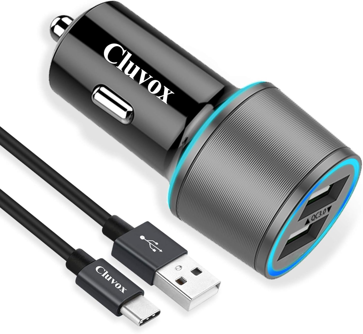Rapid USB C Car Charger, Compatible for Samsung Galaxy S25 Plus/Ultra/S24/S23/S22/S21/Note 20/10/9/8/S20/S10+/S10e/S9/S8/A50/A70, Quick Charge 3.0 Dual USB 18W Fast Car Charger+ Type C Cable 3.3ft