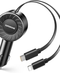 SUPERONE Retractable Car Charger for iPhone with Dual Type C Cables, 4 in 1 USB C Car Charger Adapter with PD 60W Fast Charging Compatible with iPhone 17 16 15 14 13 12 11 Pro/XS/XR/SE/iPad/Airpods