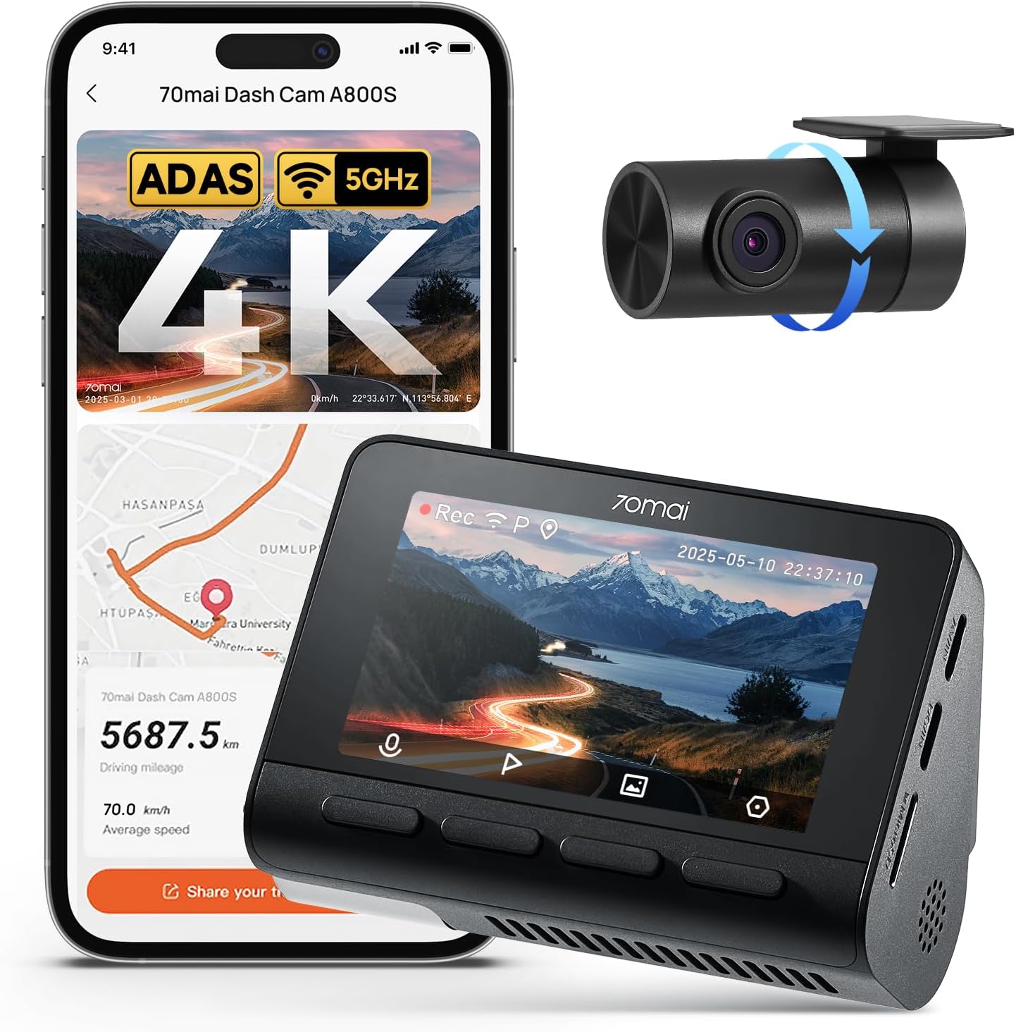 70mai 4K Dash Cam Front and Rear, Built in Wi-Fi 6 & GPS Car Camera, Super Night Vision, ADAS, 3'' IPS Screen, 24H Parking Mode, Time-Lapse, Loop Recording, with 128GB Card (A800SE)