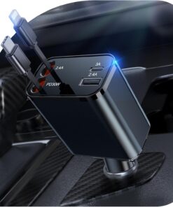 69W Retractable Car Charger, 4-in-1 Fast Car Phone Charger with 2.6ft Two Retractable Cables and USB C+USB A Car Charging Block Cube, Compatible with iPhone 13 14 15 16 17 Pro Max, Plus,Galaxy,Pixel