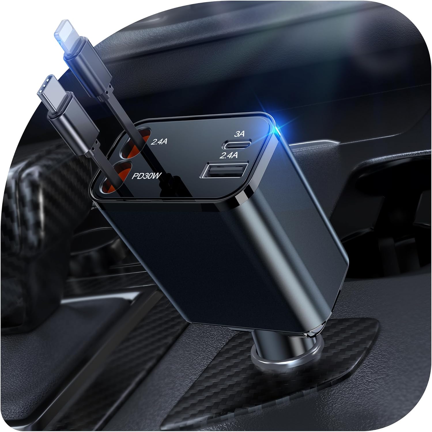 69W Retractable Car Charger, 4-in-1 Fast Car Phone Charger with 2.6ft Two Retractable Cables and USB C+USB A Car Charging Block Cube, Compatible with iPhone 13 14 15 16 17 Pro Max, Plus,Galaxy,Pixel