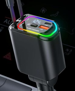 4 in 1 Retractable Car Charger USB C 98W Fast Charging Car Accessories Car Phone Charger with Retractable Cord(35.5in) and RGB Light for iPhone 16 15 14 13 12 11 Samsung Android Laptops